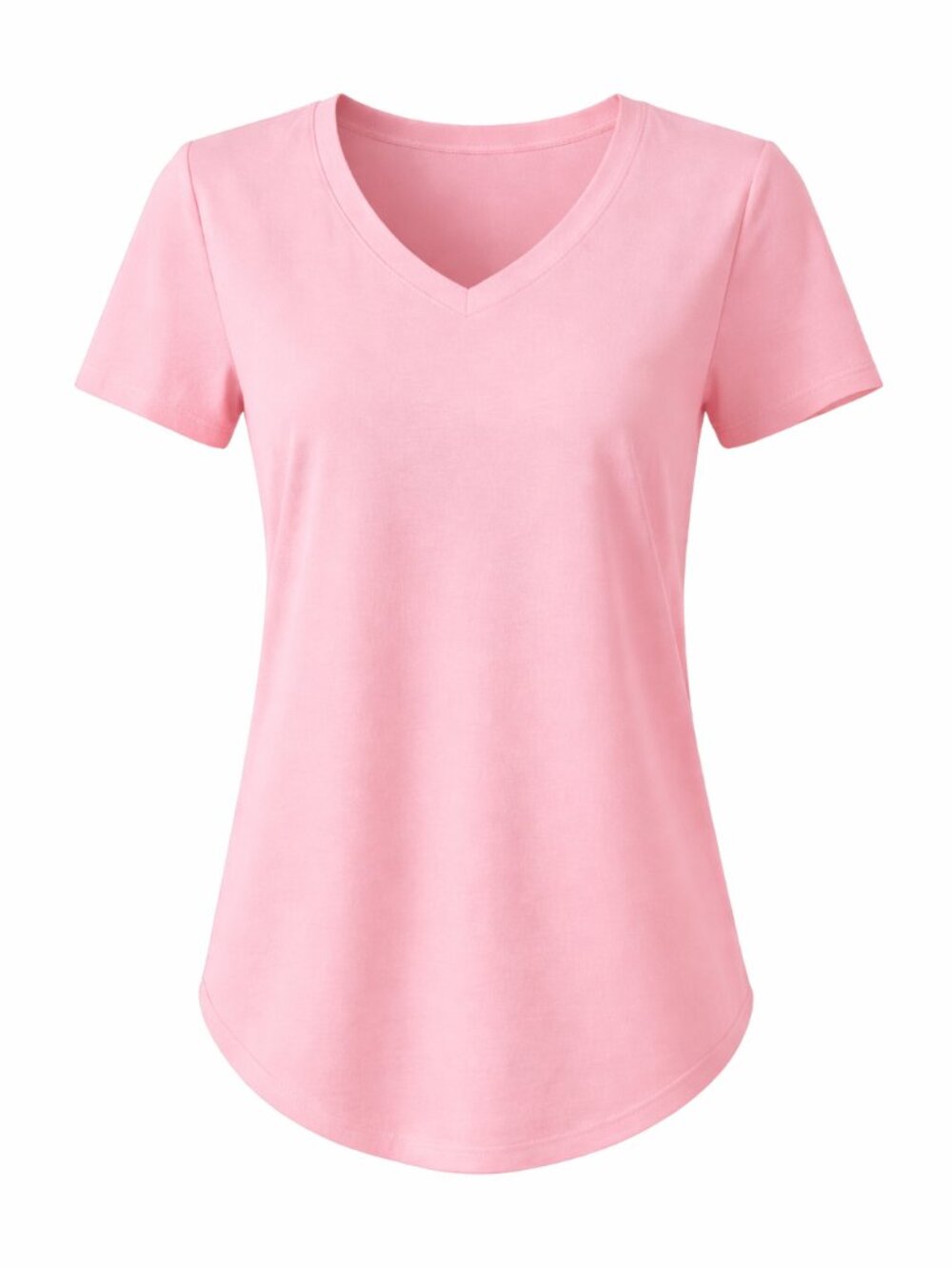 Women's V Neck Short Sleeve Summer T Shirts Curved Hem, PINK, Size SMALL